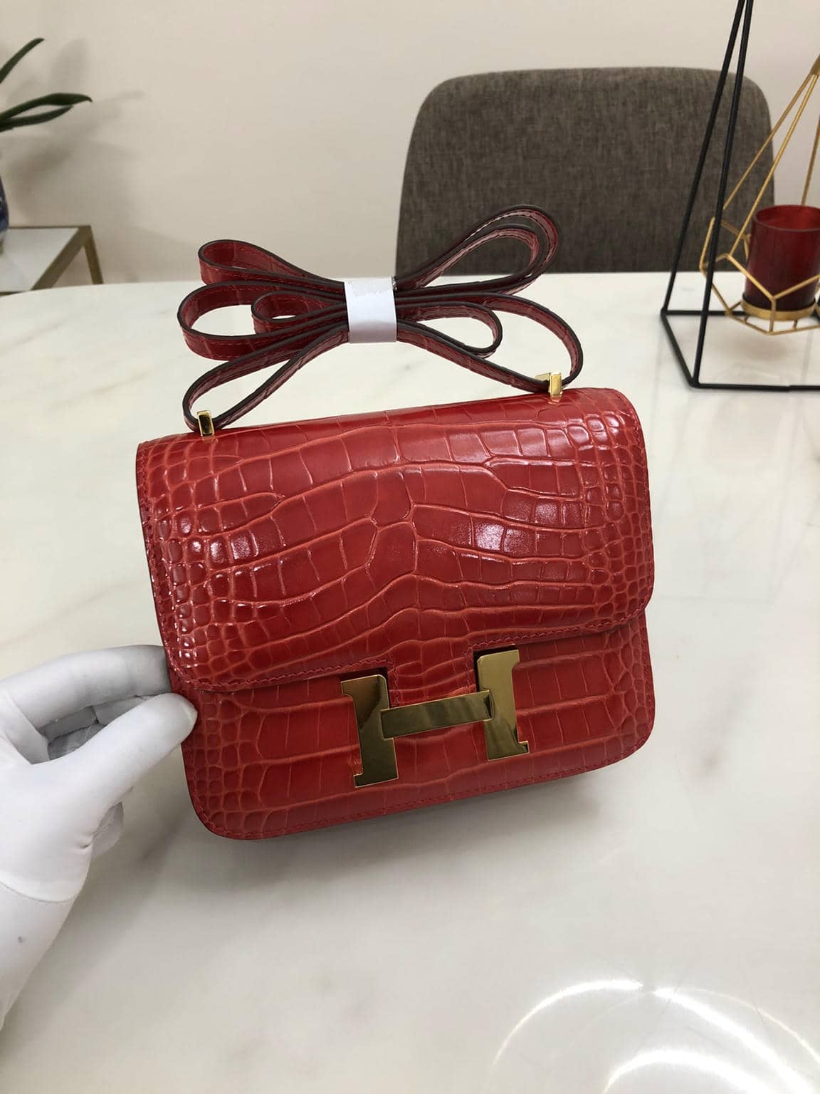 Constance Cowhide Crocodile Embossed Bag-5